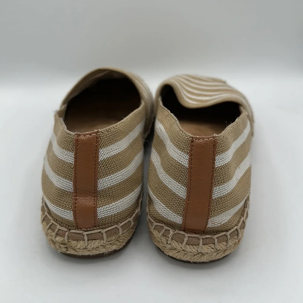 Vionic Valeri tan and white striped espadrille flats, size 6.5